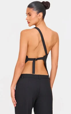 Black Woven Tailored One Shoulder Long Top