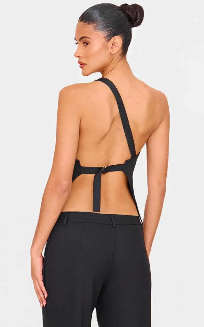 Black Woven Tailored One Shoulder Long Top