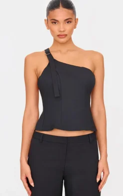 Black Woven Tailored One Shoulder Long Top