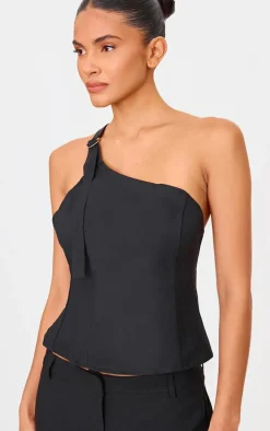 Black Woven Tailored One Shoulder Long Top
