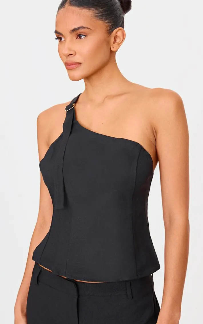 Black Woven Tailored One Shoulder Long Top