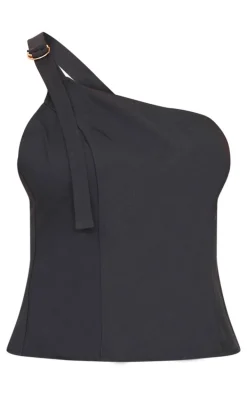 Black Woven Tailored One Shoulder Long Top