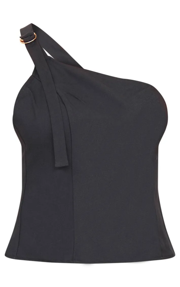 Black Woven Tailored One Shoulder Long Top