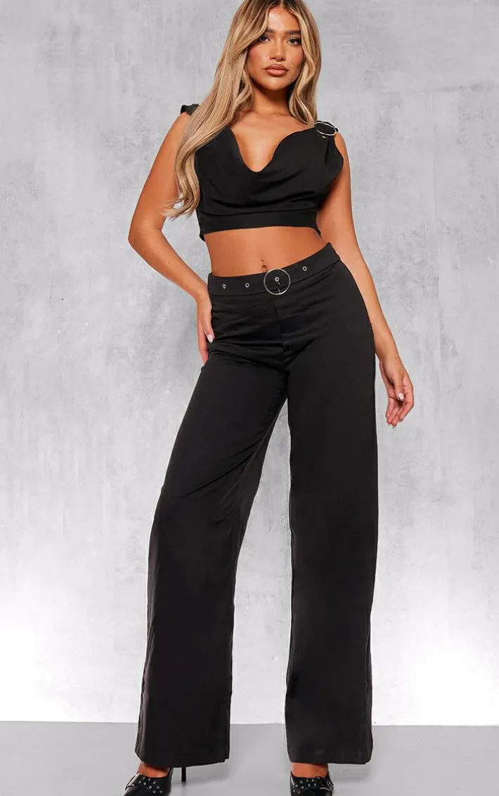 Black Woven Tailored Ring Belt Detail Wide Leg Pants