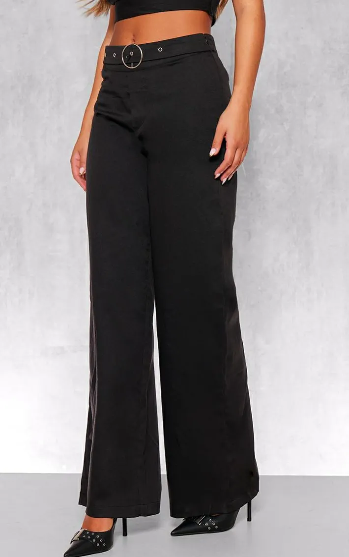 Black Woven Tailored Ring Belt Detail Wide Leg Pants