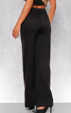 Black Woven Tailored Ring Belt Detail Wide Leg Pants