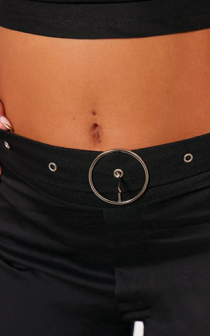 Black Woven Tailored Ring Belt Detail Wide Leg Pants