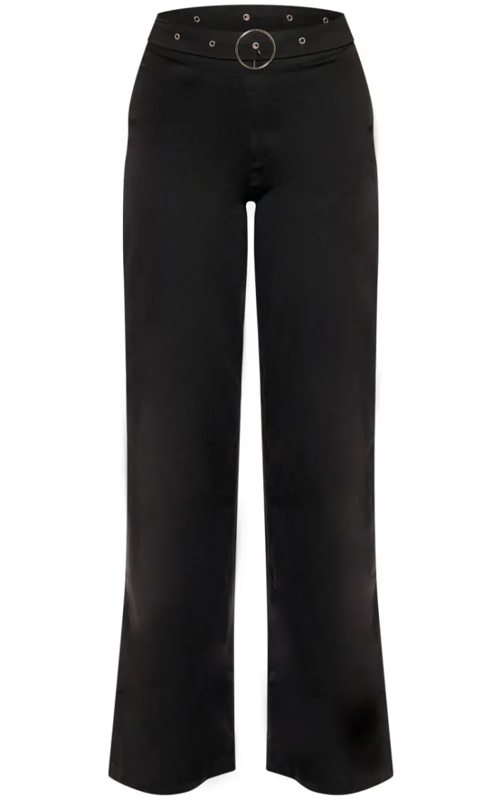 Black Woven Tailored Ring Belt Detail Wide Leg Pants