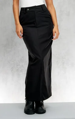 Black Woven Tailored Split Back Peached Maxi Skirt