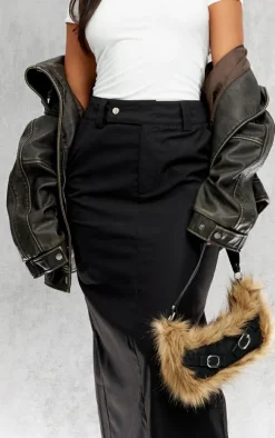 Black Woven Tailored Split Back Peached Maxi Skirt