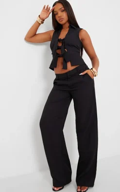 Black Woven Tailored Straight Leg Mid Rise Pants
