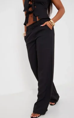 Black Woven Tailored Straight Leg Mid Rise Pants