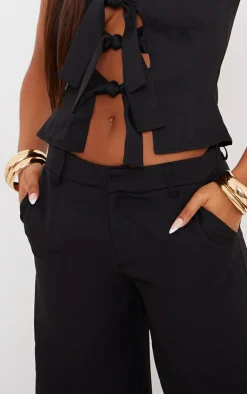 Black Woven Tailored Straight Leg Mid Rise Pants