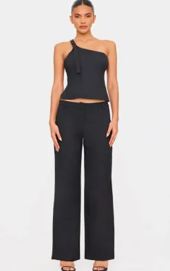Black Woven Tailored Wide Leg Belt Detail Pants