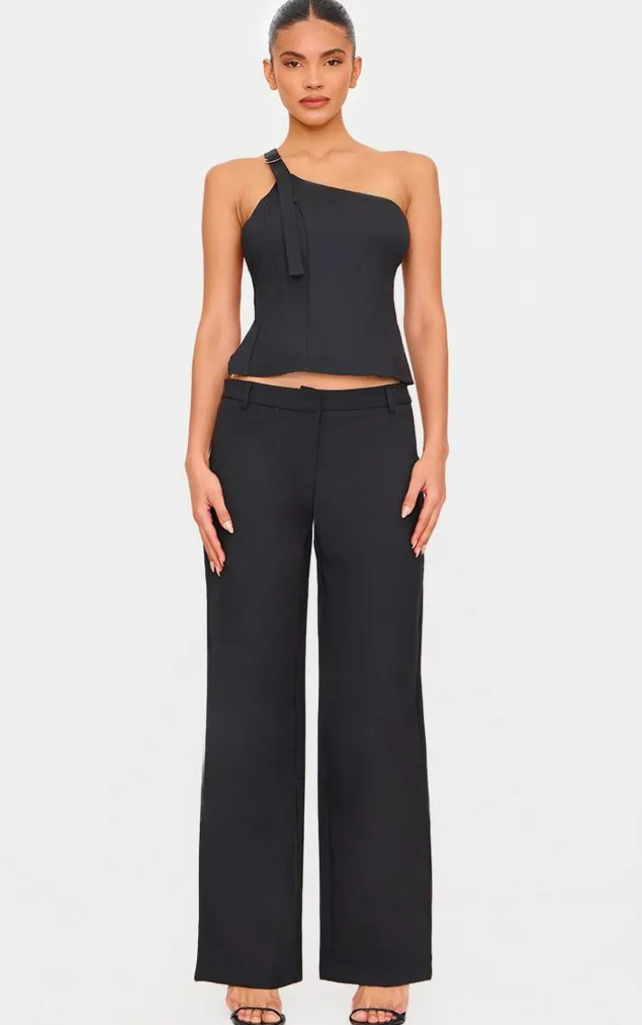 Black Woven Tailored Wide Leg Belt Detail Pants