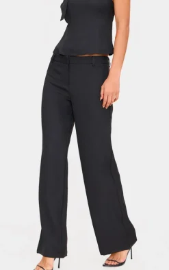 Black Woven Tailored Wide Leg Belt Detail Pants