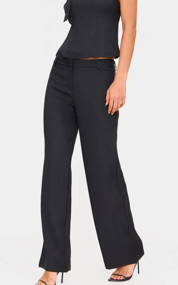 Black Woven Tailored Wide Leg Belt Detail Pants
