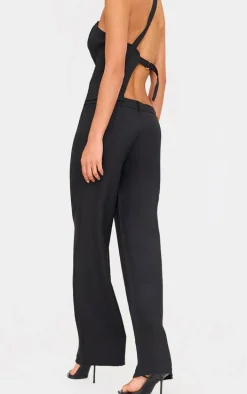 Black Woven Tailored Wide Leg Belt Detail Pants