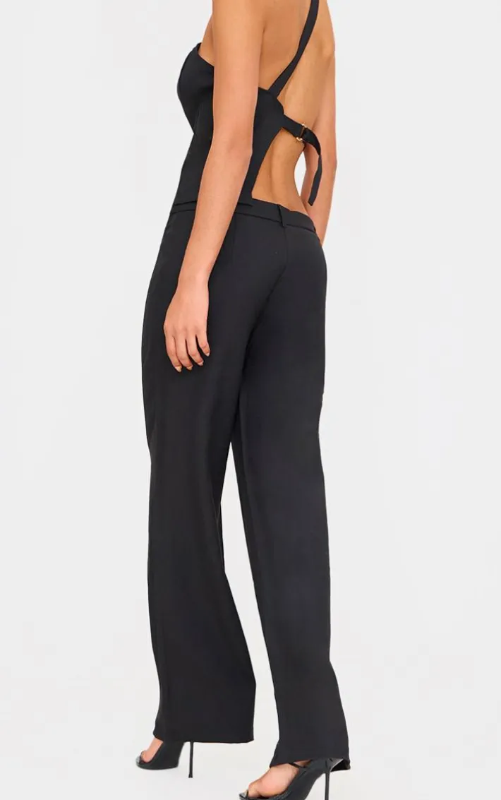 Black Woven Tailored Wide Leg Belt Detail Pants