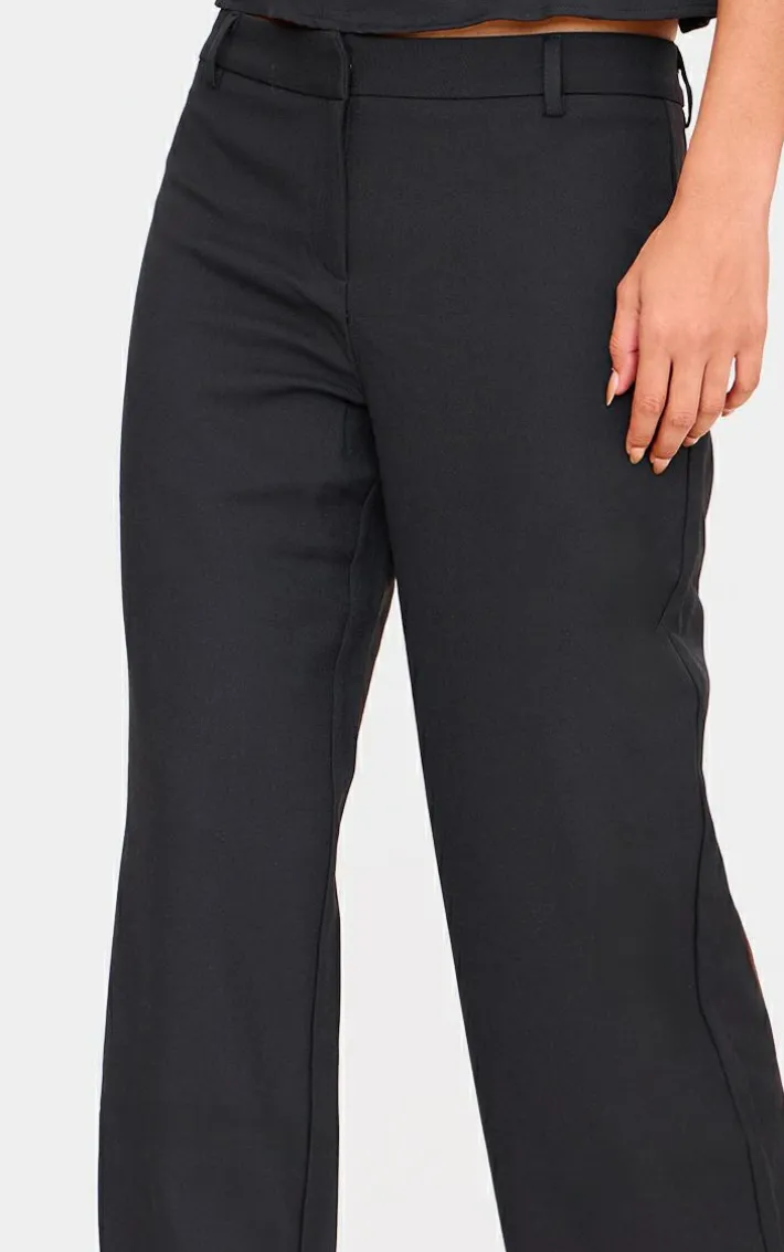 Black Woven Tailored Wide Leg Belt Detail Pants