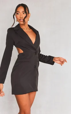 Black Woven Tie Back Blazer Dress