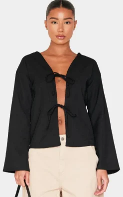 Black Woven Tie Front Flared Sleeve Shirt