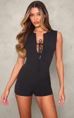 Black Woven Tie Front Tailored Romper