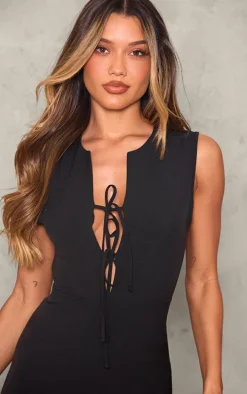 Black Woven Tie Front Tailored Romper