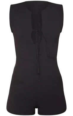 Black Woven Tie Front Tailored Romper