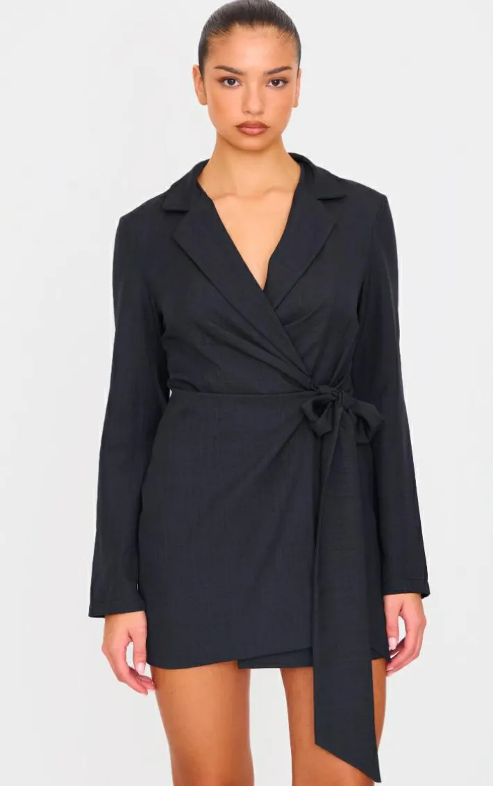 Black Woven Tie Wrap Blazer Dress