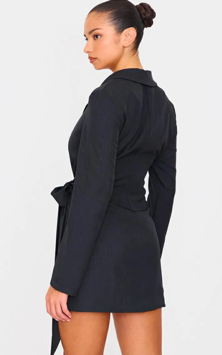 Black Woven Tie Wrap Blazer Dress