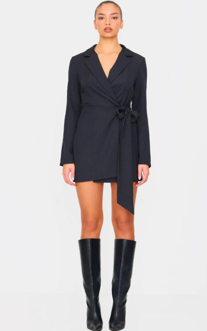 Black Woven Tie Wrap Blazer Dress