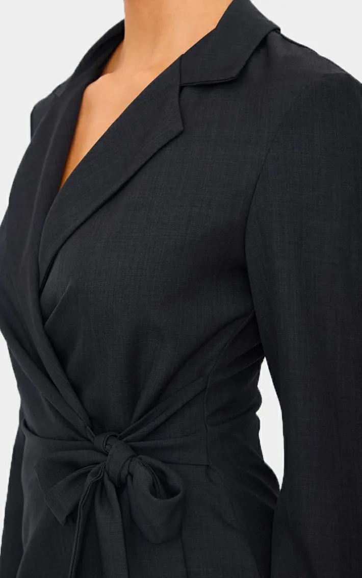 Black Woven Tie Wrap Blazer Dress