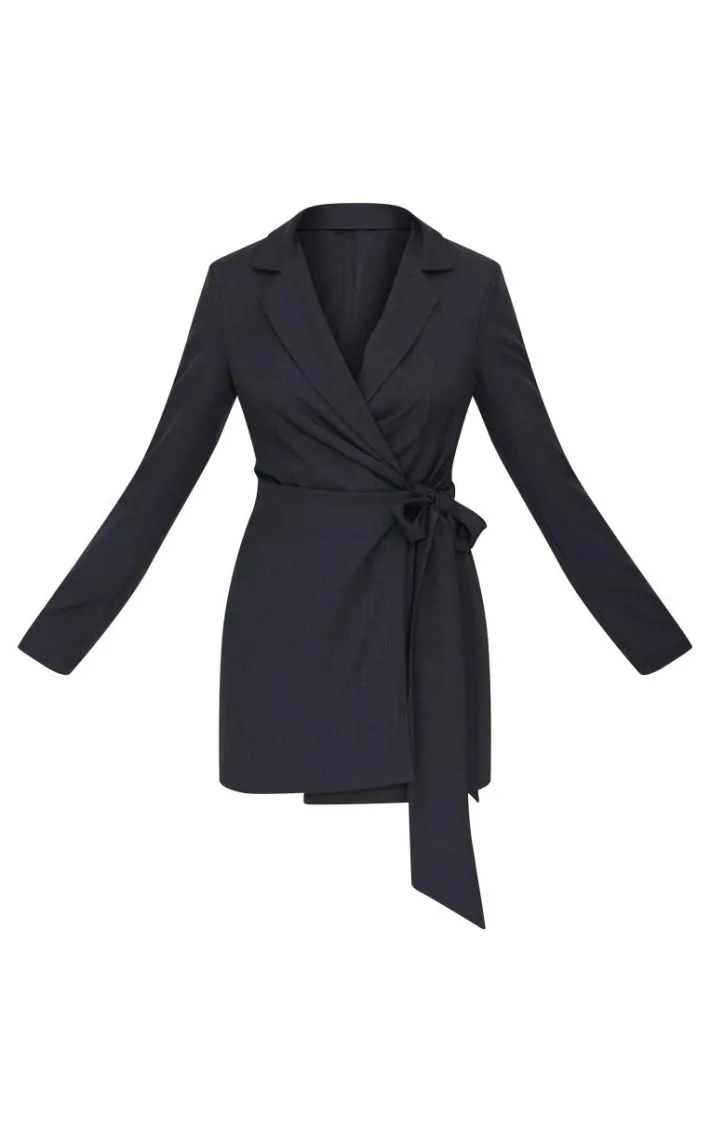 Black Woven Tie Wrap Blazer Dress