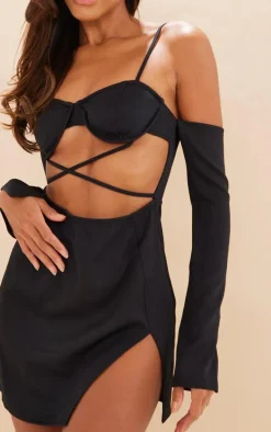 Black Woven Underwired Cup Cross Waist Bodycon Dress