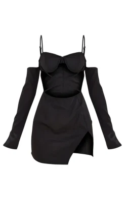 Black Woven Underwired Cup Cross Waist Bodycon Dress