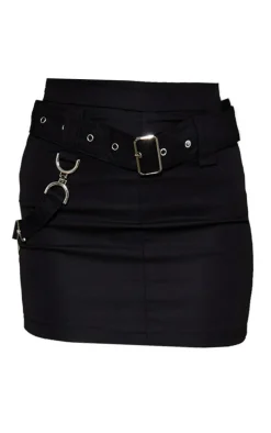 Black Woven Utility Buckle Detail Mini Skirt
