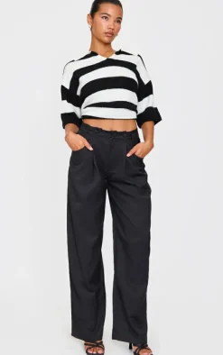 Black Woven Waistband Detail Tailored Straight Leg Pants