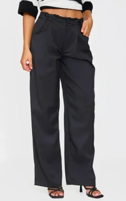 Black Woven Waistband Detail Tailored Straight Leg Pants