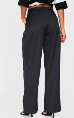 Black Woven Waistband Detail Tailored Straight Leg Pants