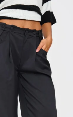Black Woven Waistband Detail Tailored Straight Leg Pants