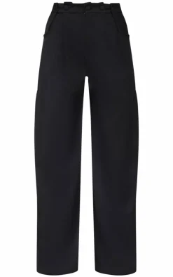 Black Woven Waistband Detail Tailored Straight Leg Pants