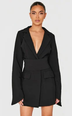 Black Woven Wrap Belt Blazer Dress