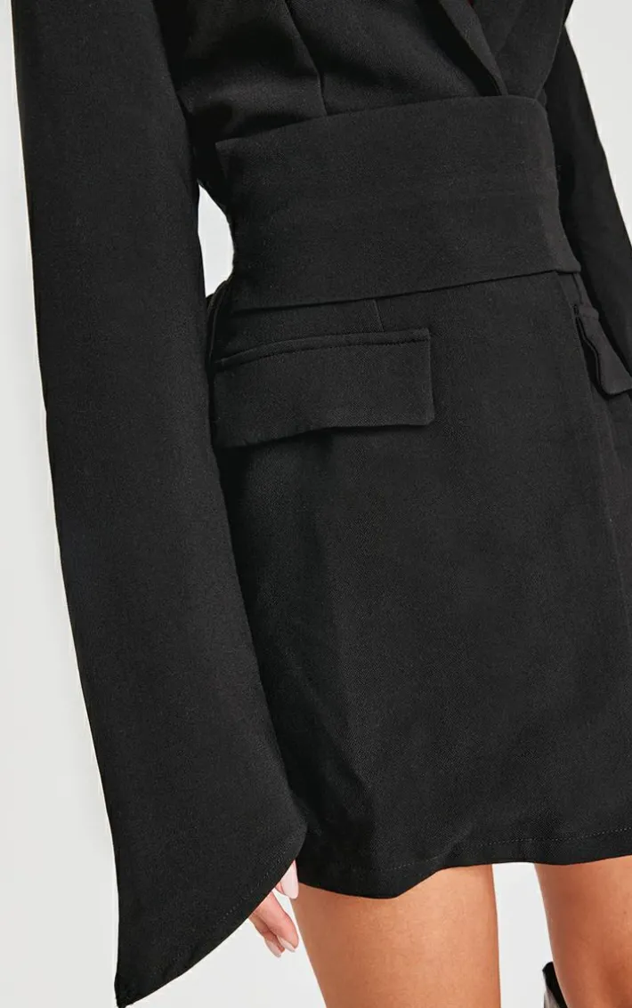 Black Woven Wrap Belt Blazer Dress