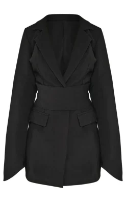 Black Woven Wrap Belt Blazer Dress