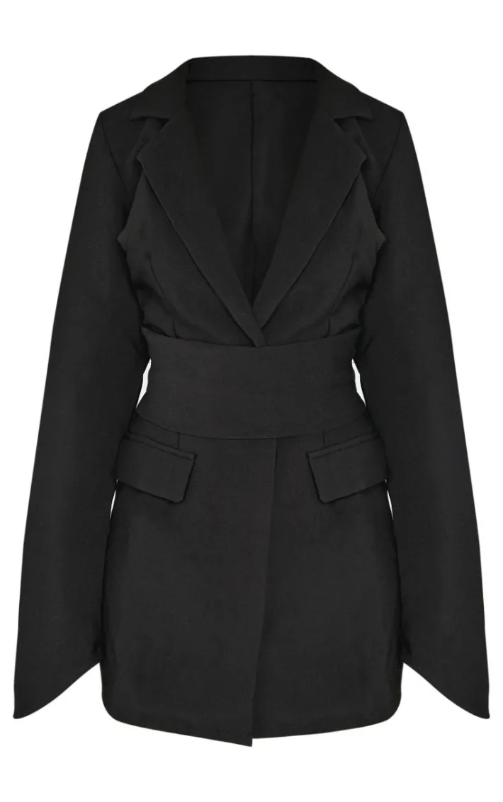 Black Woven Wrap Belt Blazer Dress