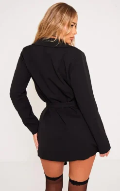 Black Woven Wrap Tie Blazer Dress