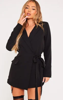 Black Woven Wrap Tie Blazer Dress
