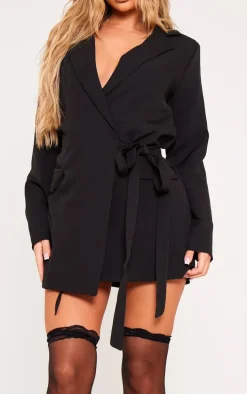 Black Woven Wrap Tie Blazer Dress
