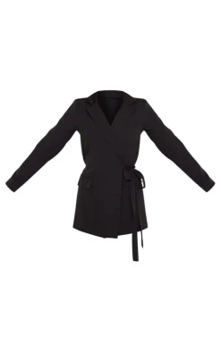 Black Woven Wrap Tie Blazer Dress